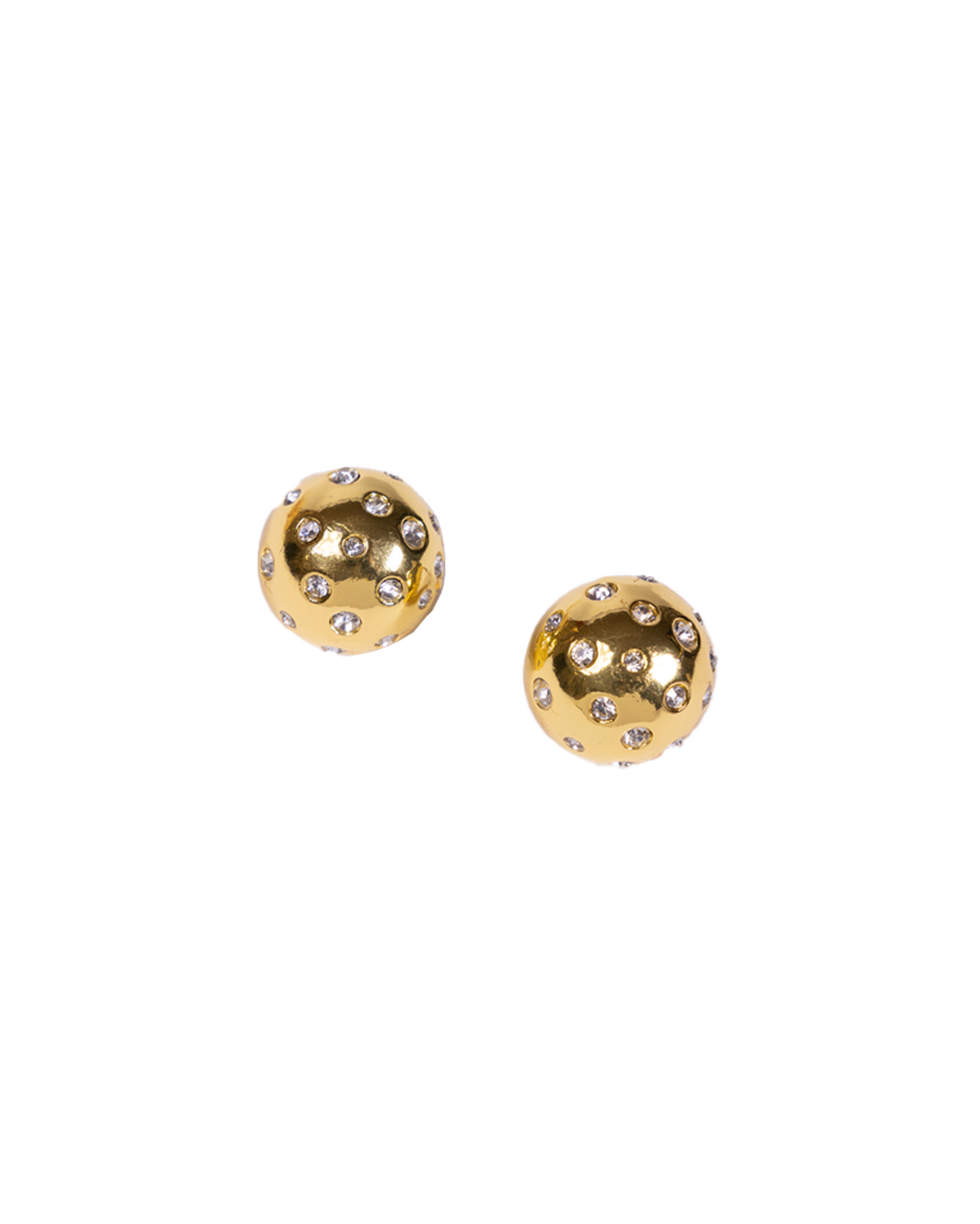 The Round gold with white stone stud earrings feature lab-created stones for a touch of affordable luxury, shown on a white background.