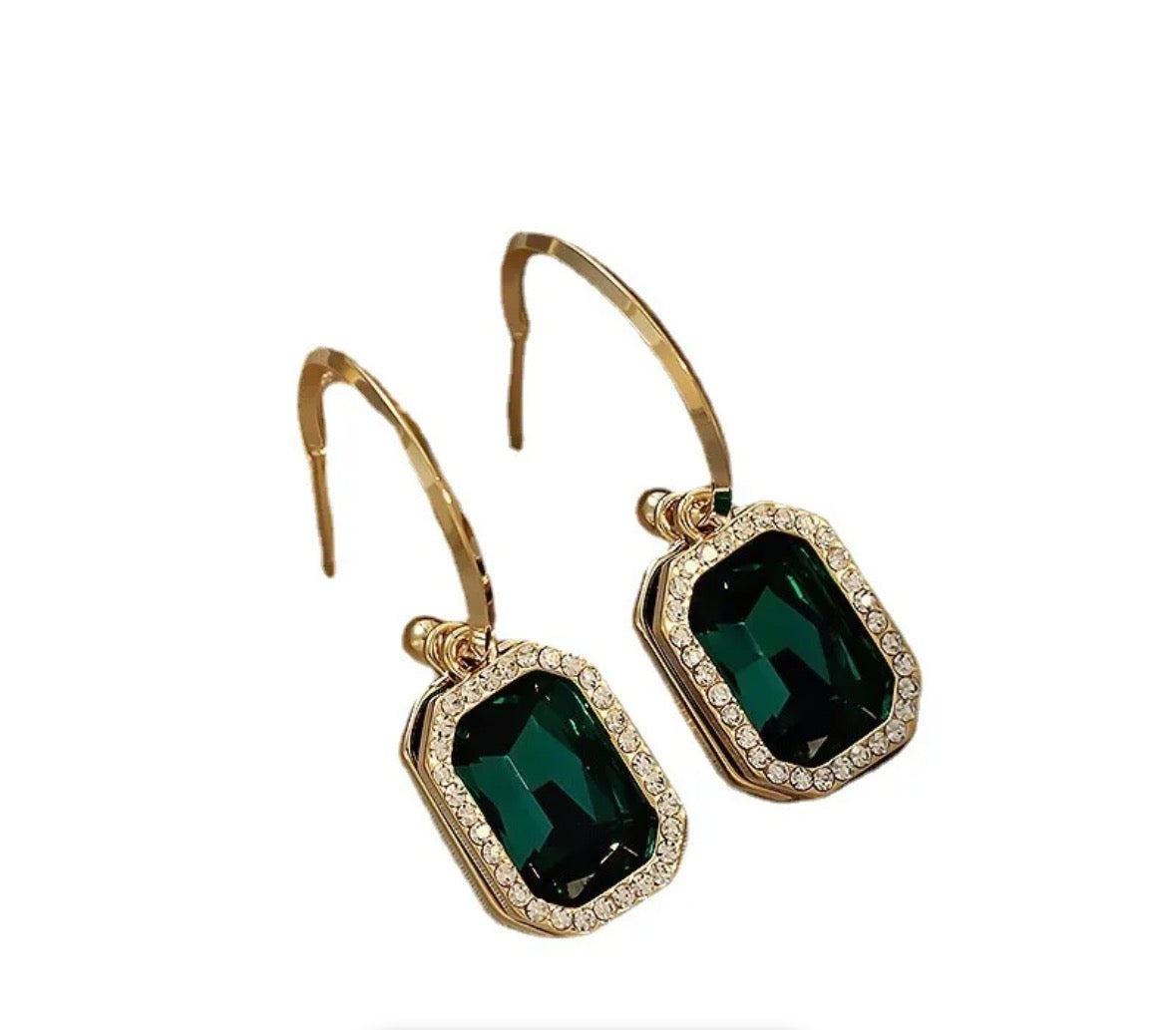 Green two layer earrings with large rectangular lab-created emerald-green stones and small clear crystals, set in a gold-plated frame, offer a luxurious jewelry look on a white background.