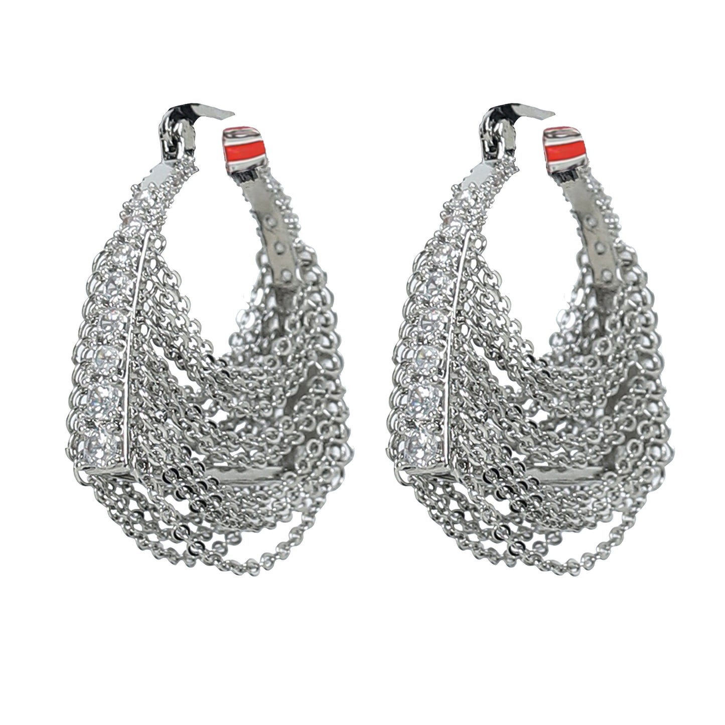The Silver Chain Bag Earrings feature silver hoops with layered chains and a red accent at the top. Their intricate, modern design comes with a lightweight jewelry pouch for safe storage.