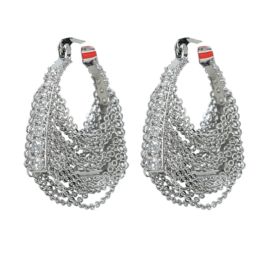 The Silver Chain Bag Earrings feature silver hoops with layered chains and a red accent at the top. Their intricate, modern design comes with a lightweight jewelry pouch for safe storage.