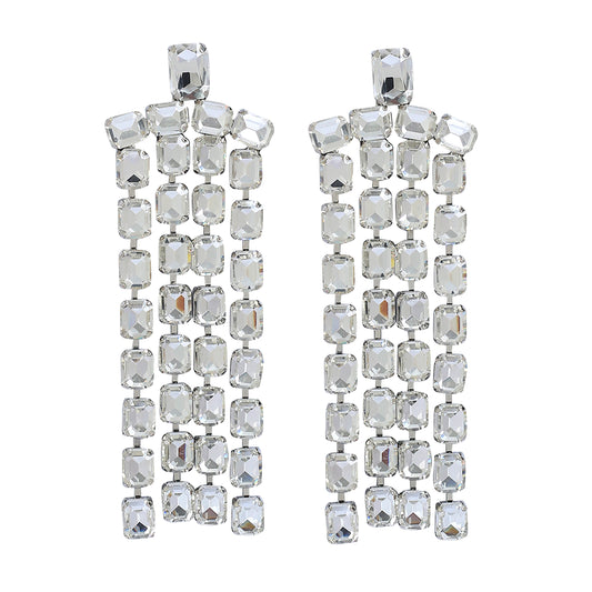 Long Rhinestone Tassel Earrings featuring a rectangular silver design with three vertical rows of square-cut lab-created stones arranged in a faceted, reflective grid pattern.