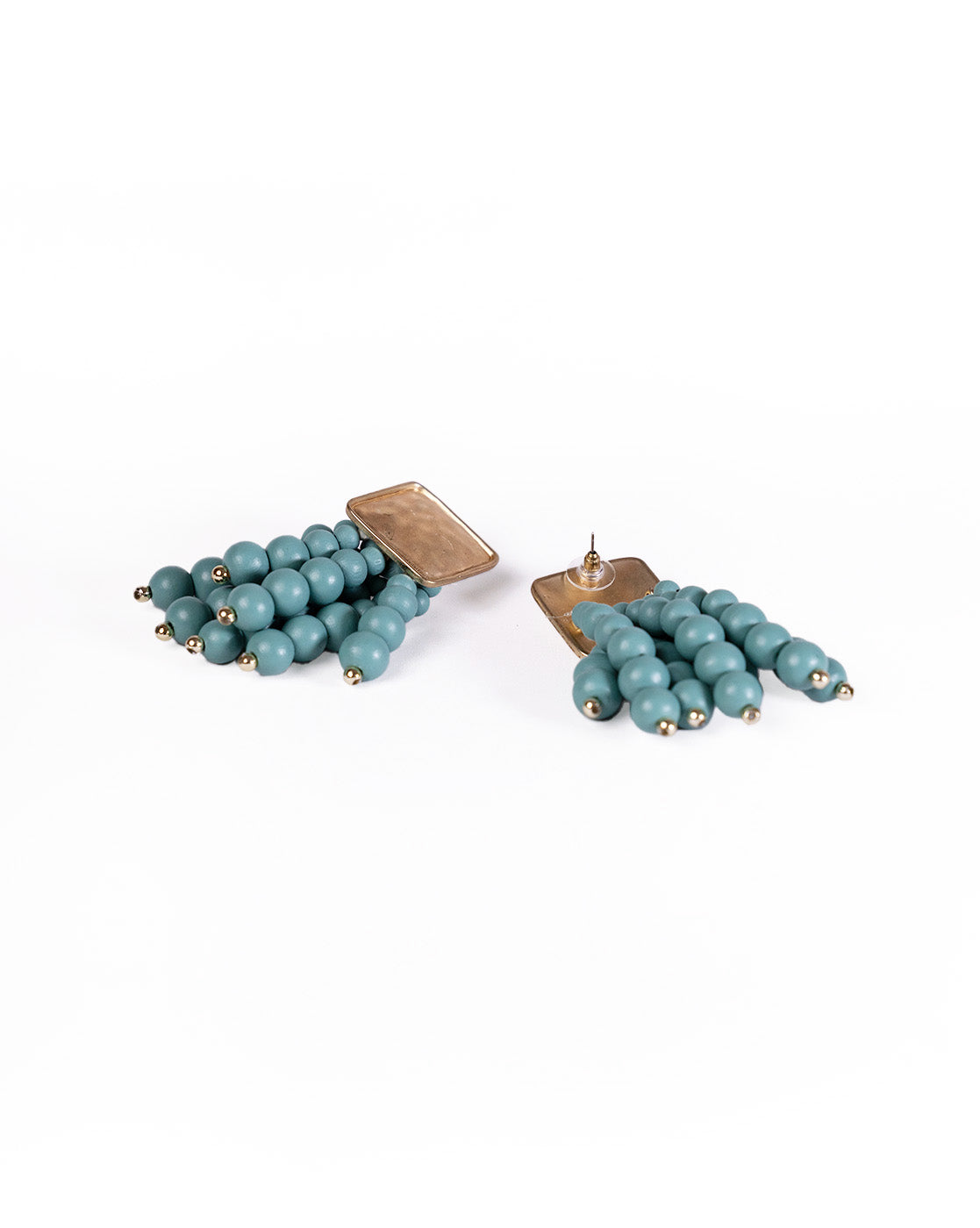 Beady Blue and Gold Earrings: Luxury gold-plated square stud earrings featuring dangling strands of round teal beads, each finished with a small gold bead, shown on a white background.