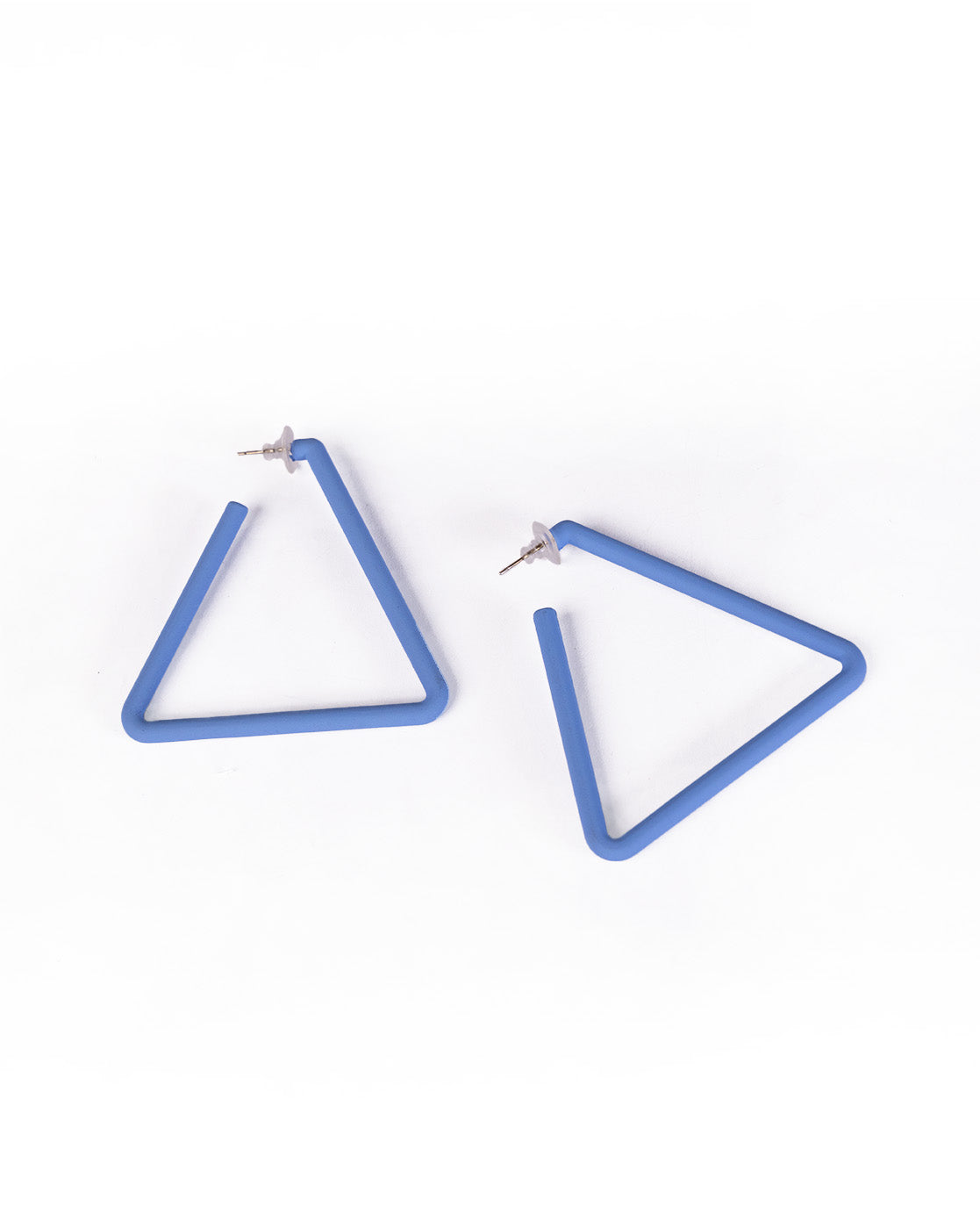 Triangle Earrings: Blue open triangle design with silver posts, displayed on a white background—an affordable luxury adding a modern touch to your accessories.