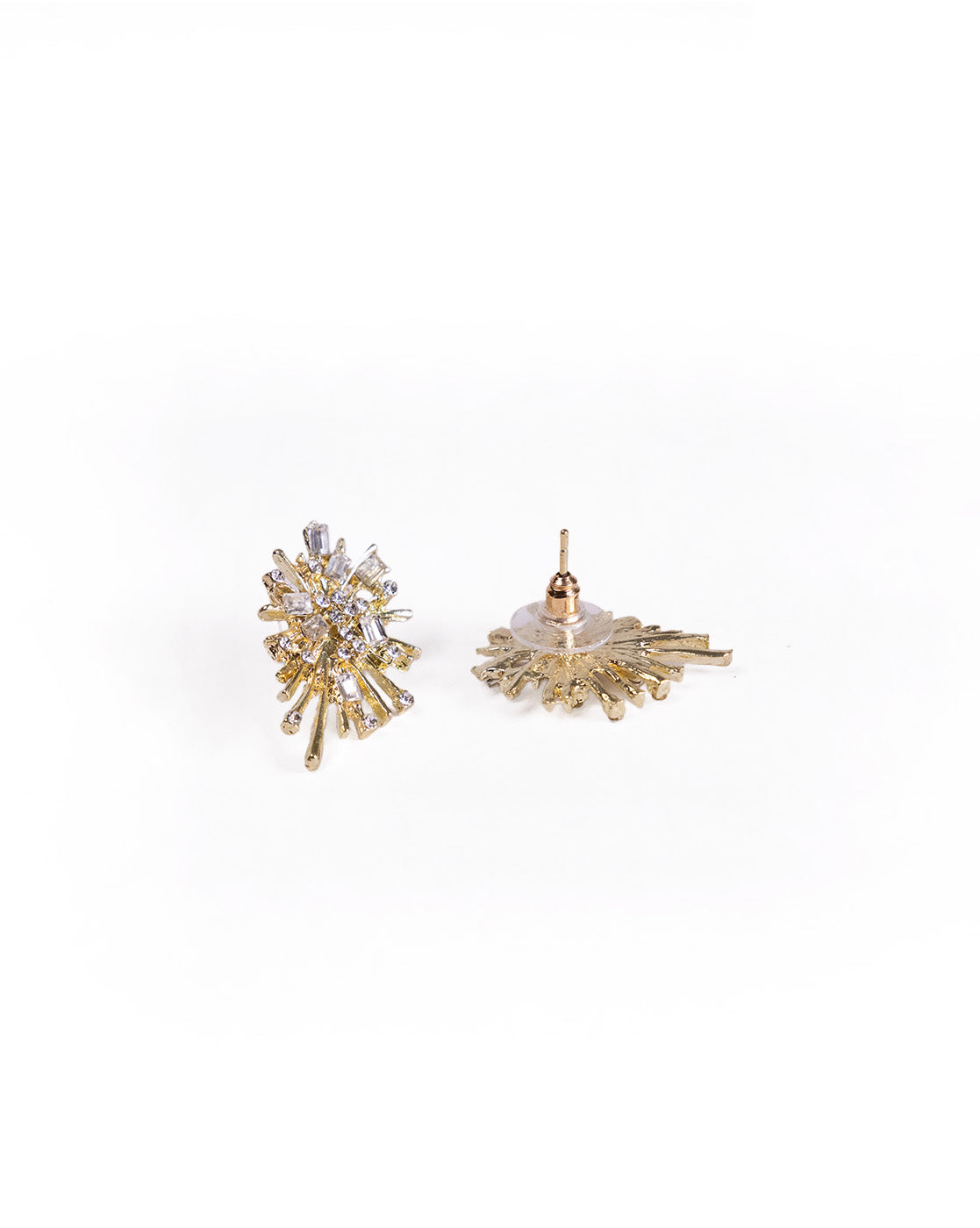 Gold Firework earrings: 24K gold plated studs with a starburst design, featuring radiating lines and clear lab-created stones. One earring is shown upright; the other is flat to display the back.
