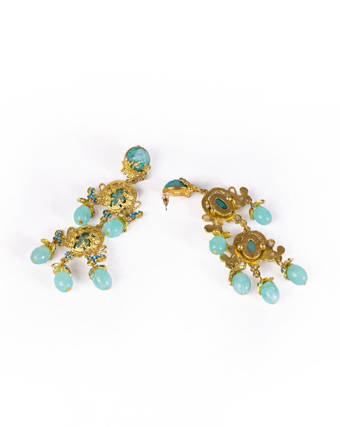These Resin Water Drop Tassel Danglers feature ornate gold plating, intricate designs, turquoise stones, and dangling light blue beads. These vintage earrings are beautifully displayed on a white background.