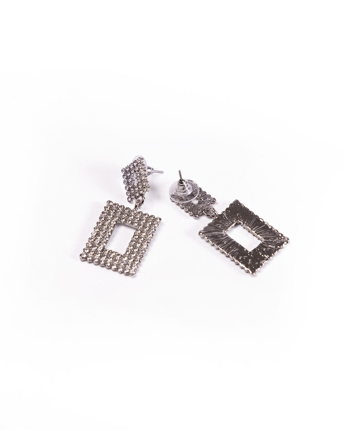 Geometric rhinestone earrings featuring rectangular, silver-toned dangles with open centers and textured, beaded edges, shown on a white background.