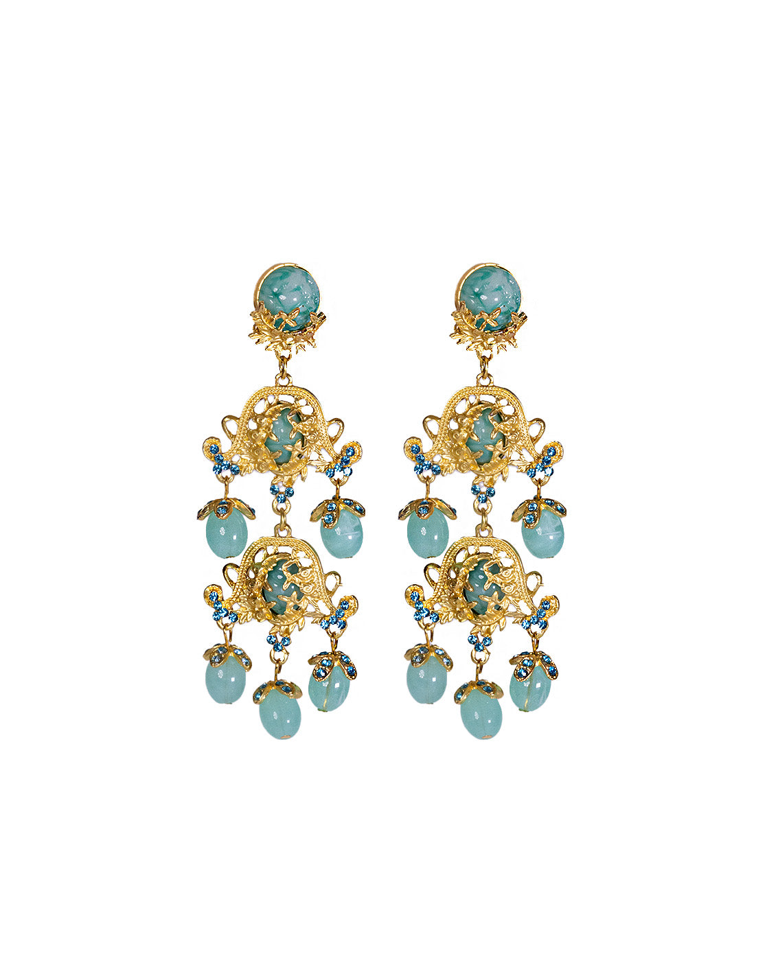 A pair of Resin Water Drop Tassel Danglers with ornate gold plating, blue gemstones, dangling beads, intricate filigree designs, and sparkling accents for a vintage-inspired look.