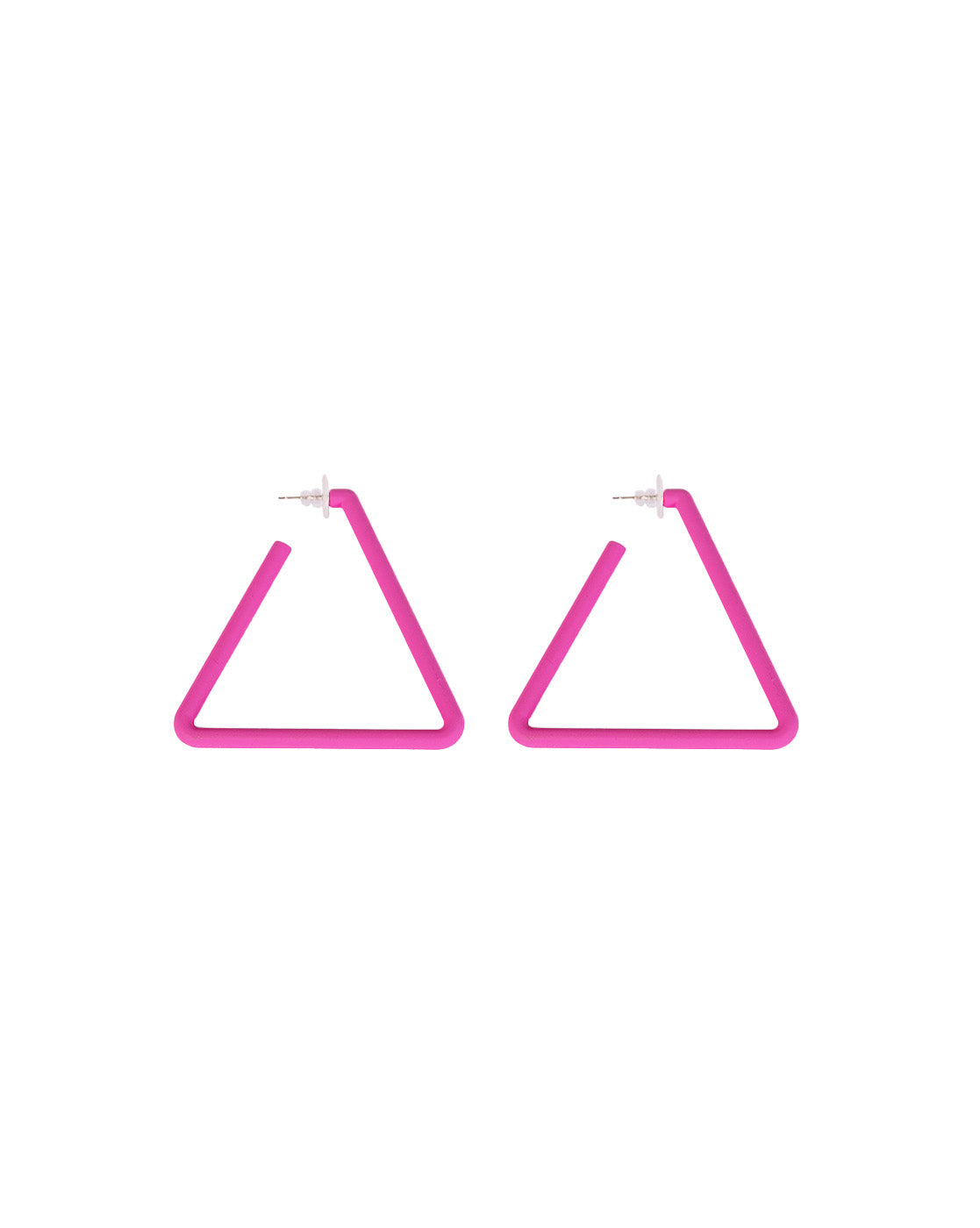 The Triangle Earrings are bright pink, 18K gold plated with an open hoop triangle design and post backings—an affordable luxury accessory for any occasion. Displayed on a white background.