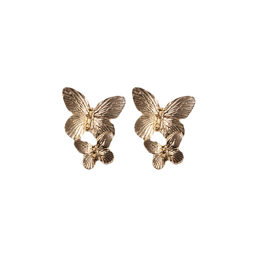 Butterfly Earrings crafted from brass alloy with a 24K gold plated finish feature two butterflies on each earring and detailed wing patterns, all shown gleaming against a white background.