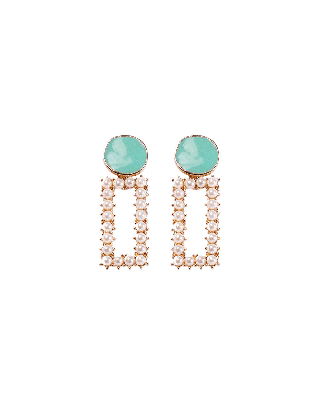 The Teal a Pearl Earrings feature round turquoise studs and rectangular gold-plated frames adorned with pearl accents along the edges for an elegant touch.