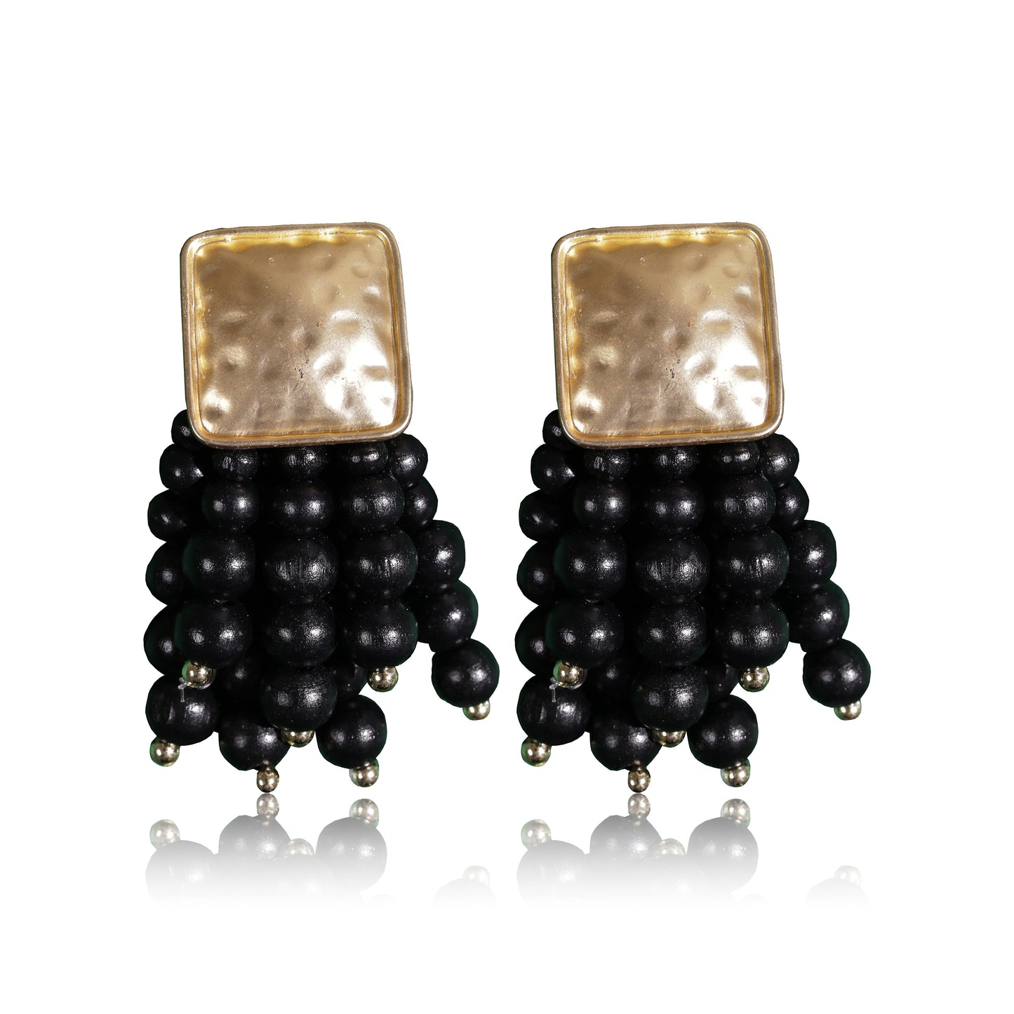 Beady Black and Gold Earrings: These luxury earrings showcase a hammered gold-plated square top with strands of black beads, each finished with a small silver bead. Displayed on a white background.