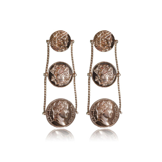 Coin Danglers: Greek-inspired earrings with three ancient coin-like medallions connected by thin bars, each engraved with classical profiles and motifs in lustrous 18K gold-plated brass alloy.