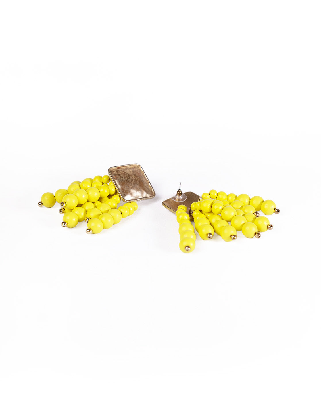 The Beady Yellow and Gold Earrings feature square metallic studs with multiple dangling strands of bright yellow beads, making them perfect summer jewelry, showcased on a white background.