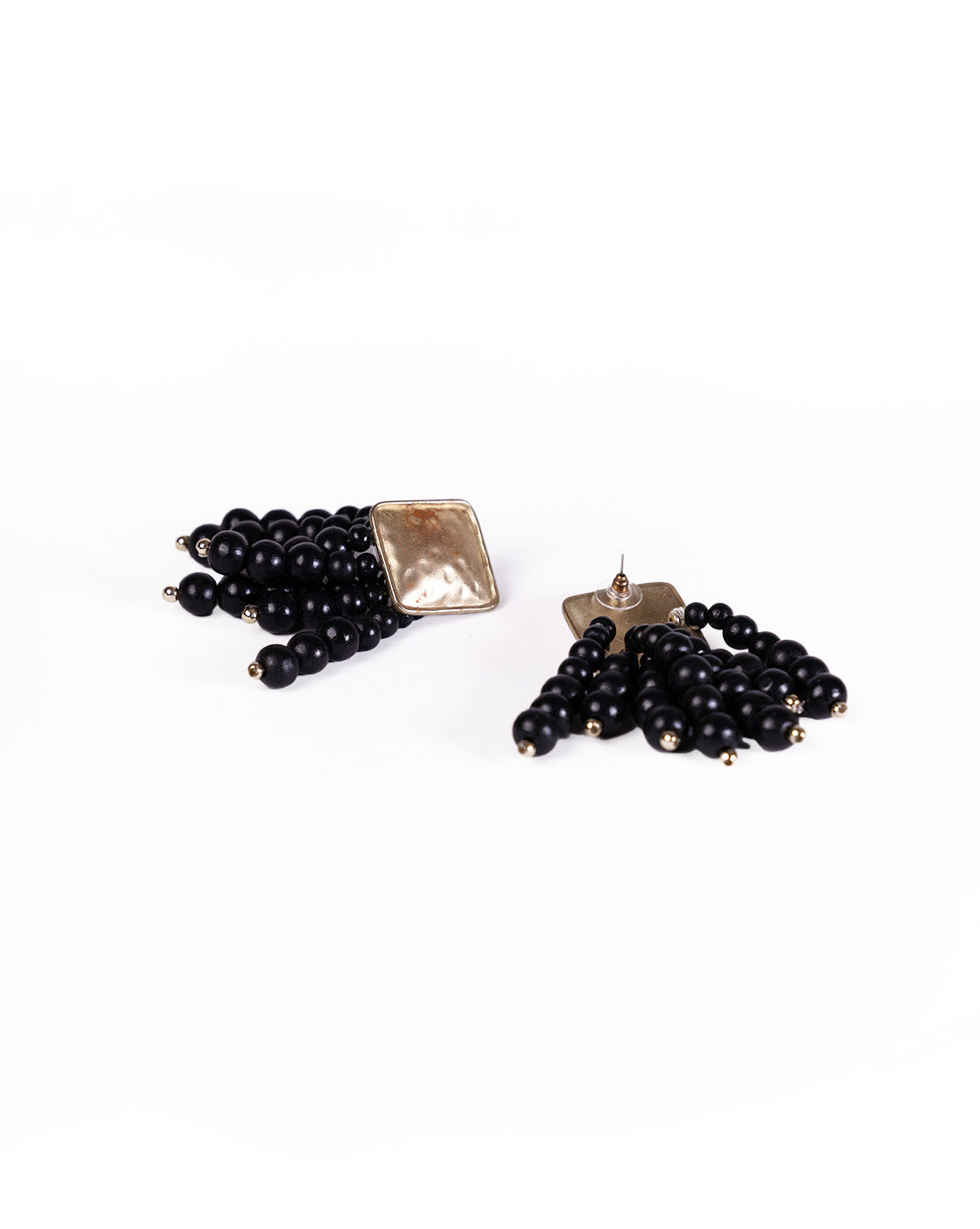 Beady Black and Gold Earrings with square gold-tone studs and multiple strands of small round black beads, shown on a white background.