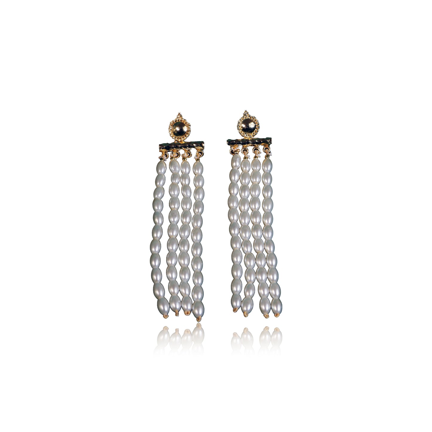 The Pearl Rain Earrings feature elegant 24K gold plating with gold tops and four vertical strands of white pearls, beautifully displayed against a plain white background.