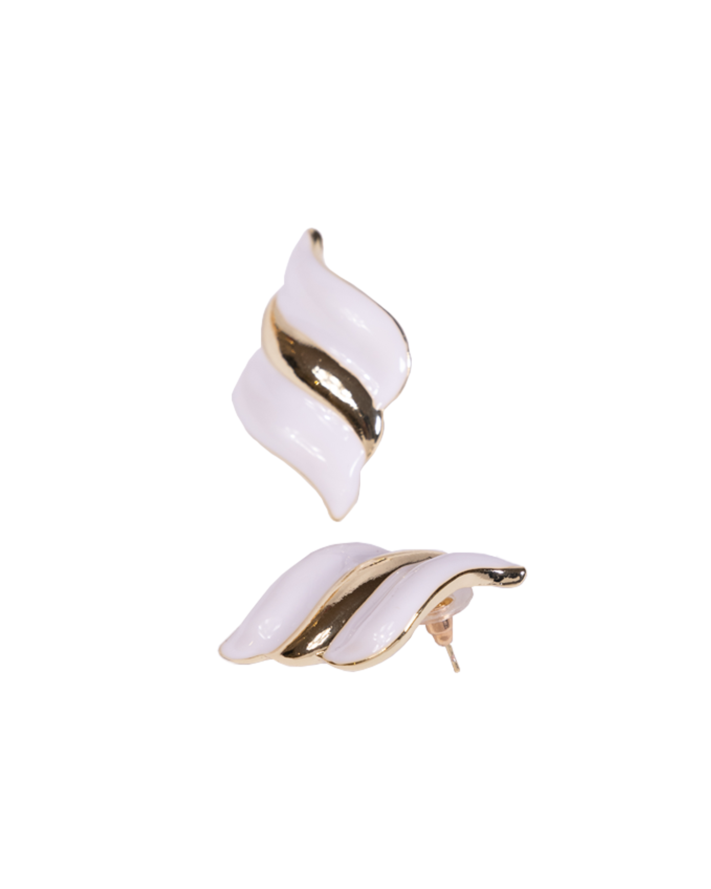 The White Diagonal Stud Earrings, crafted from luxury brass in gold and white with a wave-inspired twist design, are displayed from both front and side angles on a white background.