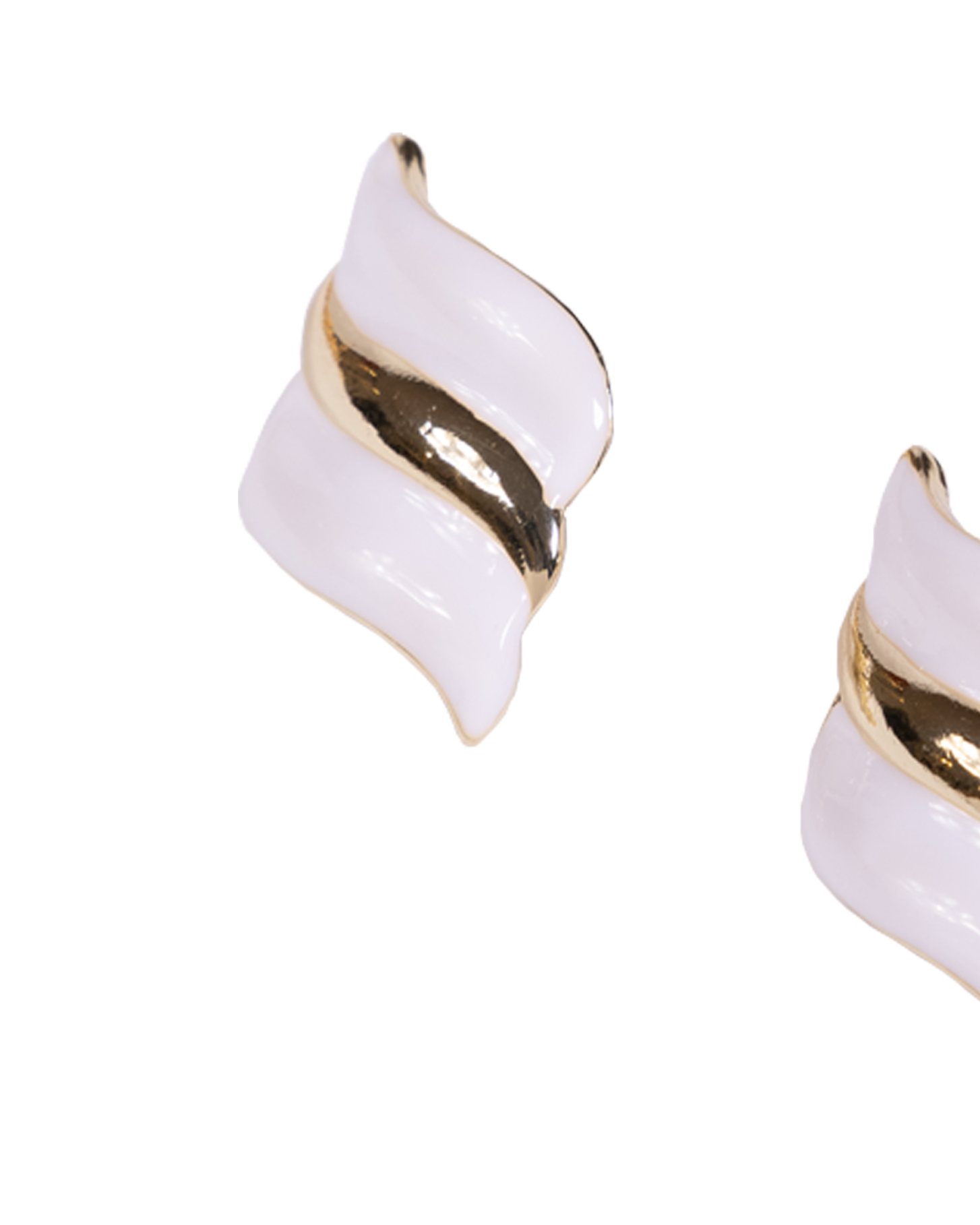 The White Diagonal Stud Earrings are gold plated studs with a wavy design, showcasing alternating glossy white and shiny gold sections, shown on a white background.