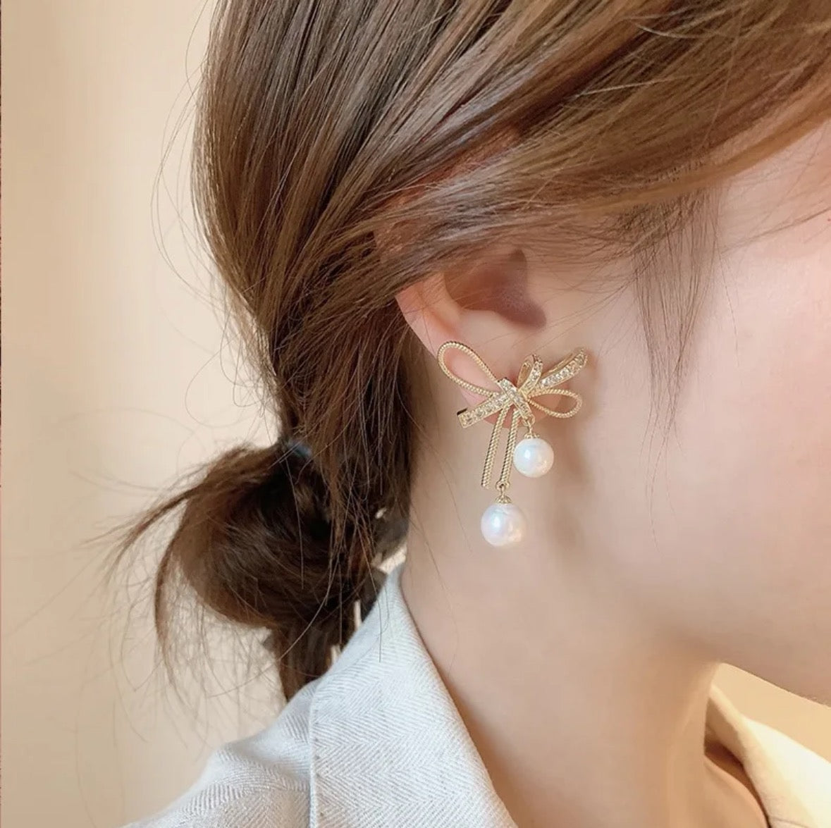 Gold Rhinestone Earrings - Pearl Earrings - Bow Earrings - Lulus