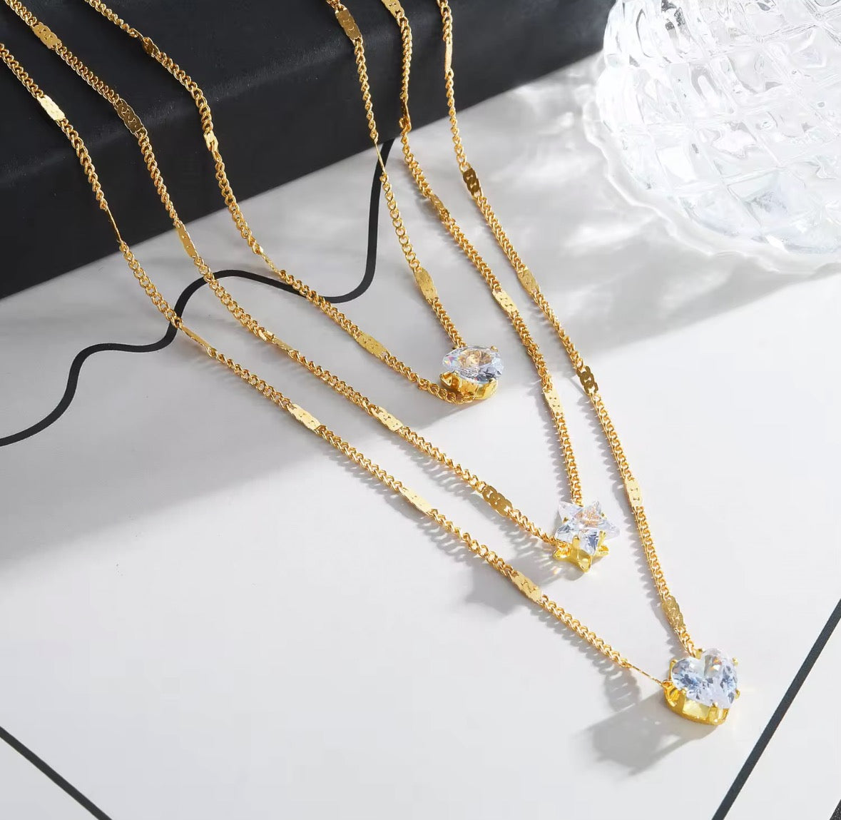 3 layer zircon necklace gold/silver