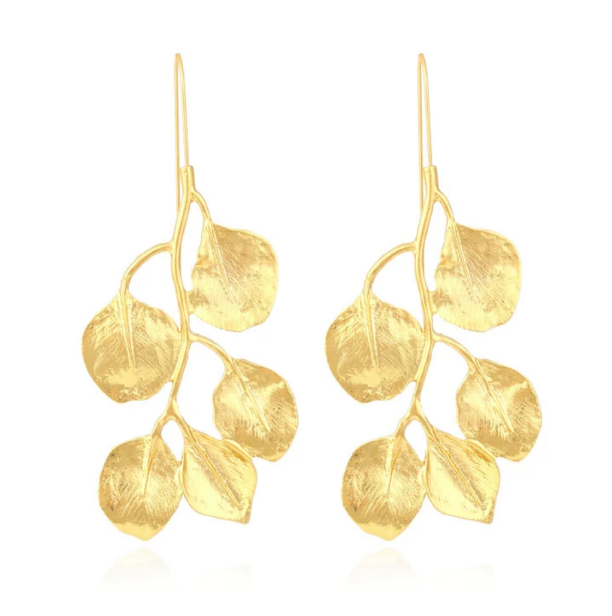 The Hanging Leaves Danglers are gold-tone earrings crafted from brass alloy, featuring delicate branch-inspired designs with six textured leaves on each earring for a refined look.