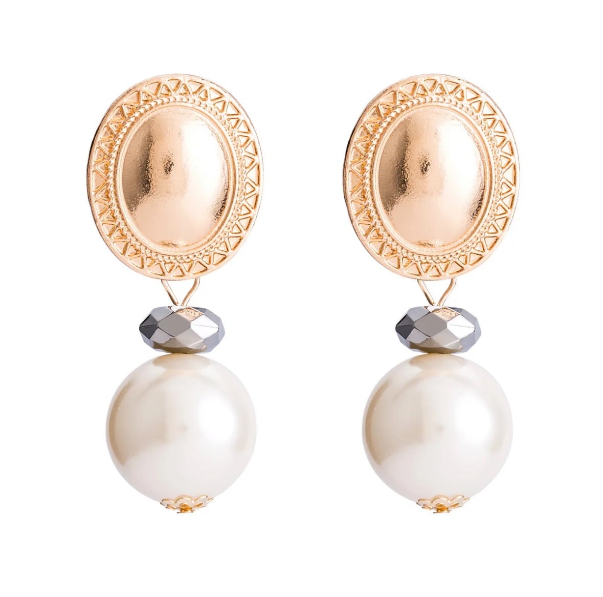 The Pearl & Shield Earrings feature gold-plated ovals with intricate edges, a faceted metallic bead, and a large pearl-like drop—an elegant touch for any pearl jewelry collection.