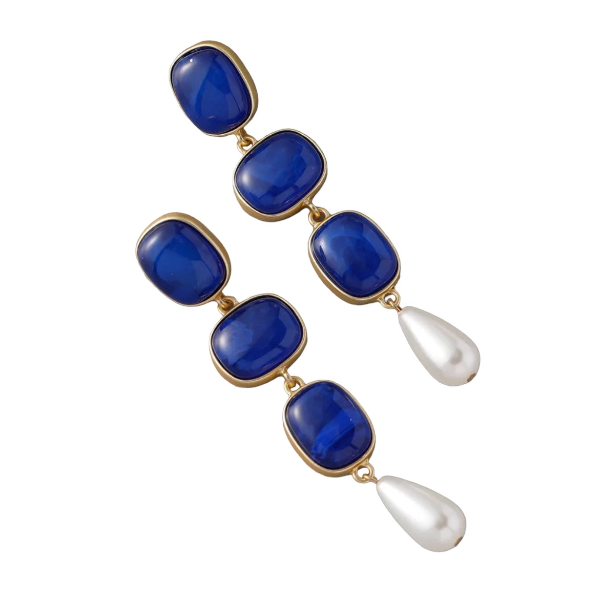 Blue Enamel Danglers: Gold plated earrings featuring three rectangular blue enamel stones, each adorned with a white lab-created pearl teardrop.