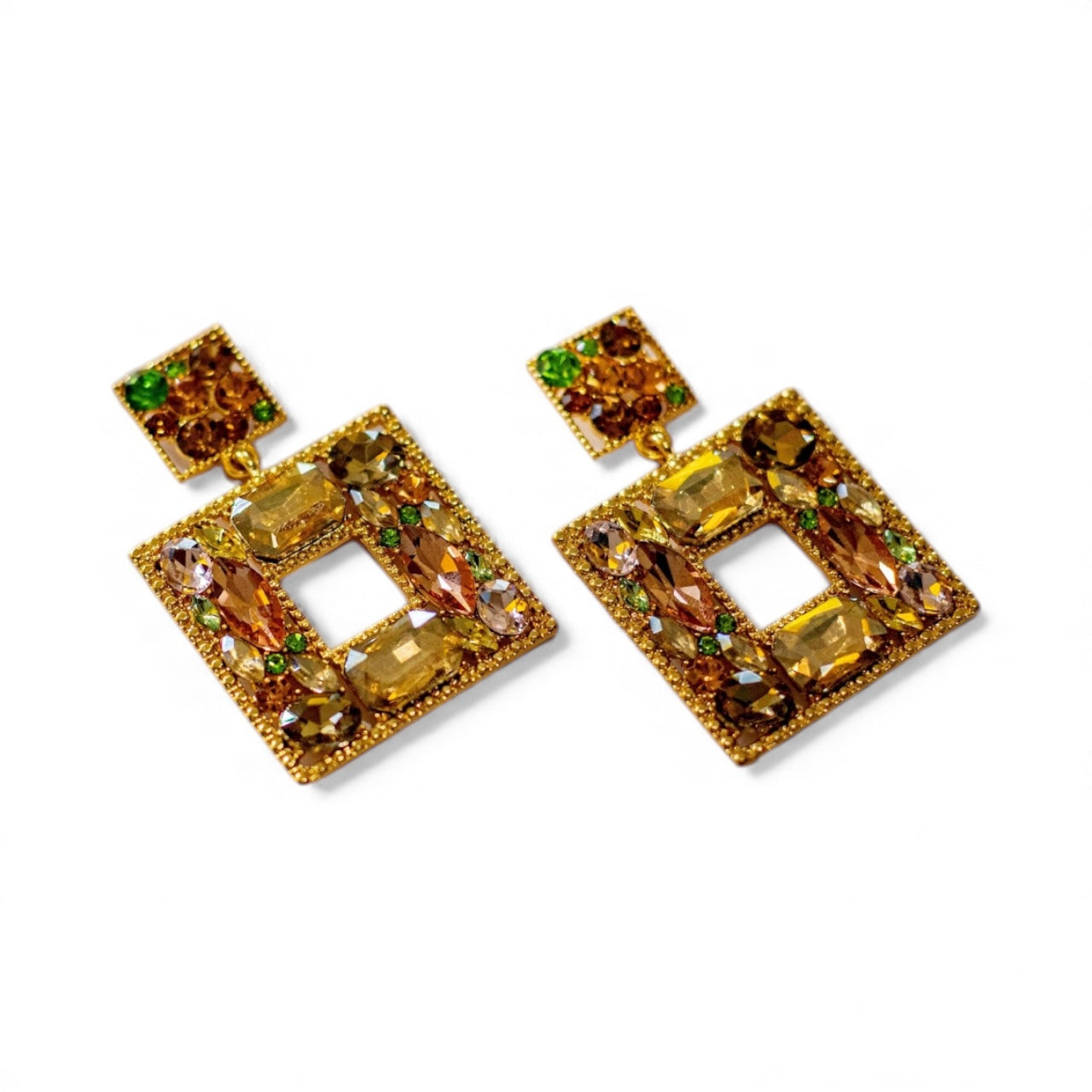 The Bella Earrings are pastel square-shaped statement dangles, 24K gold plated with an open center and embellished with yellow, brown, and green gemstones, shown on a white background.