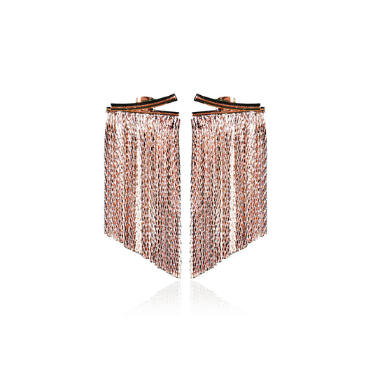 The Tassels 2 in 1 Earrings feature rose gold plated tassels with multiple delicate chain fringe strands hanging from a sleek bar, shown against a white background.